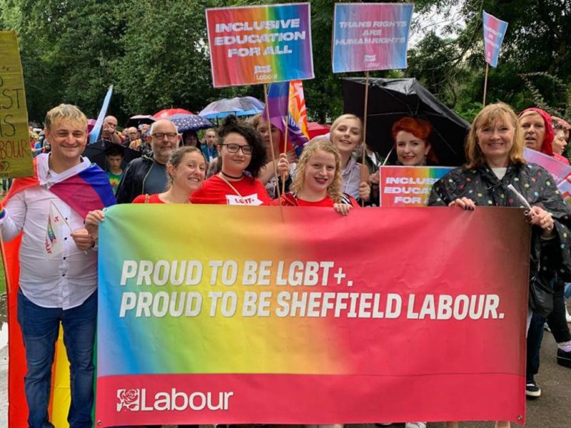 Olivia at Sheffield Pride 2019, alongside signs saying "Trans rights are human rights".