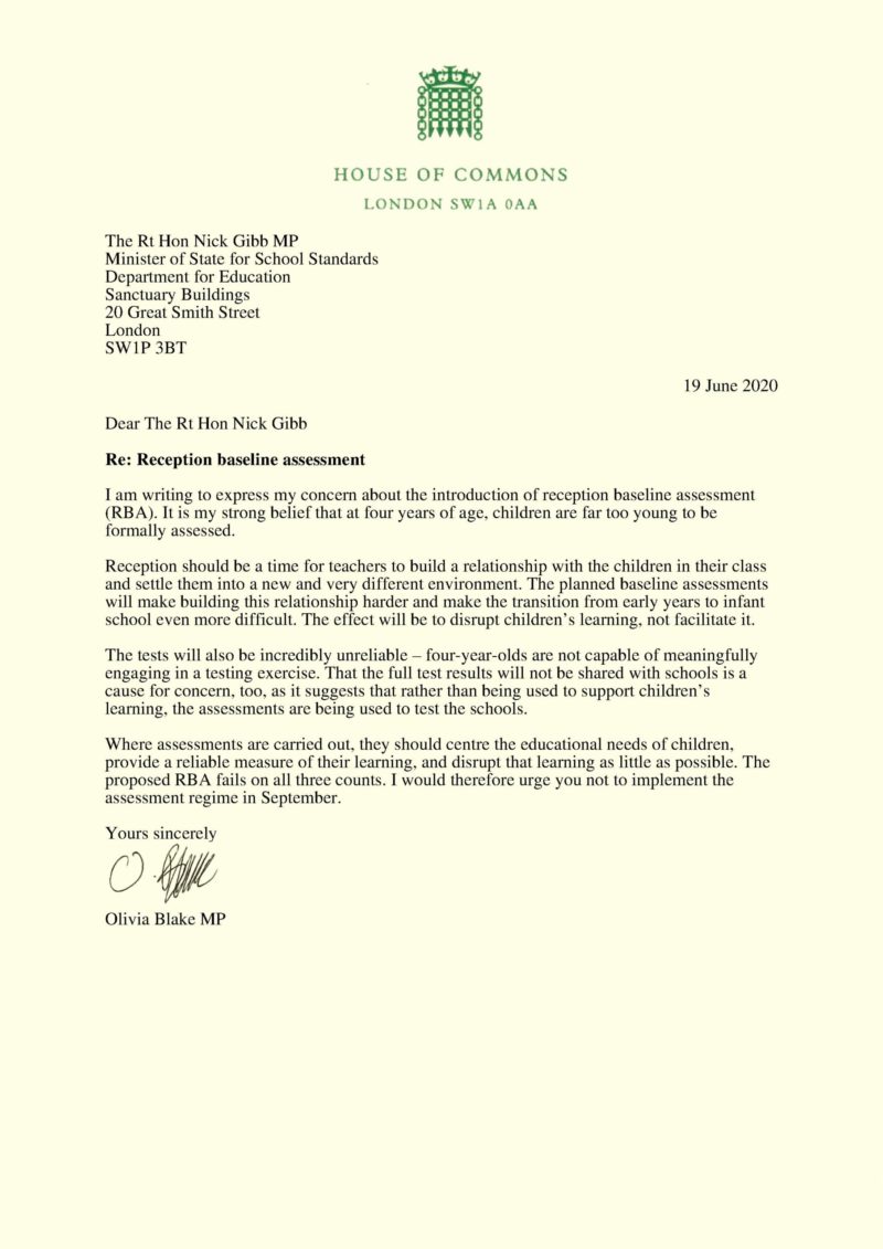 A headed letter addressed to Nick Gibb form Olivia Blake about reception baseline assessments