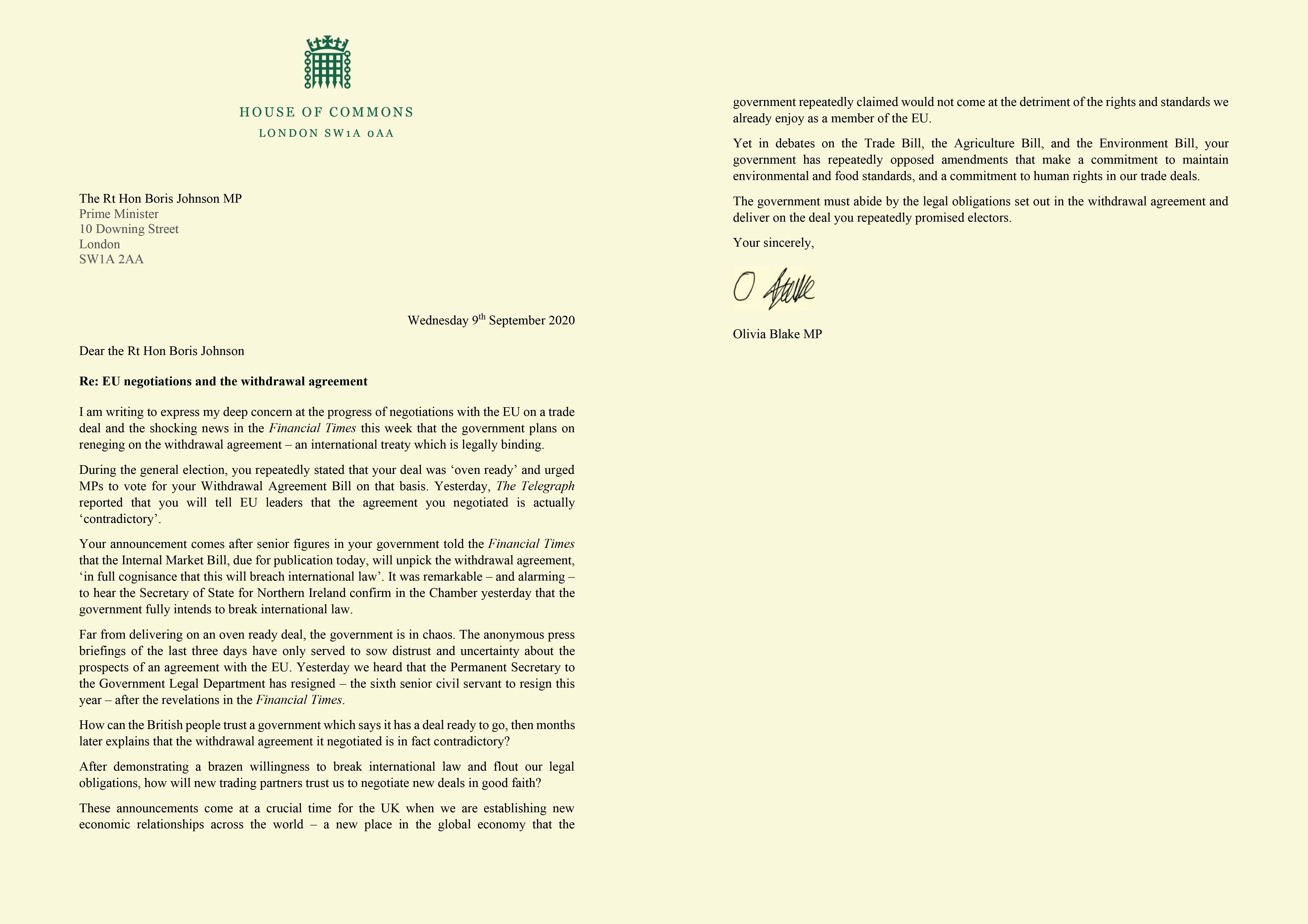 A letter addressed to Boris Johnson asking how can our future trading partners trust a government which is so brazenly asking parliament to break international law.