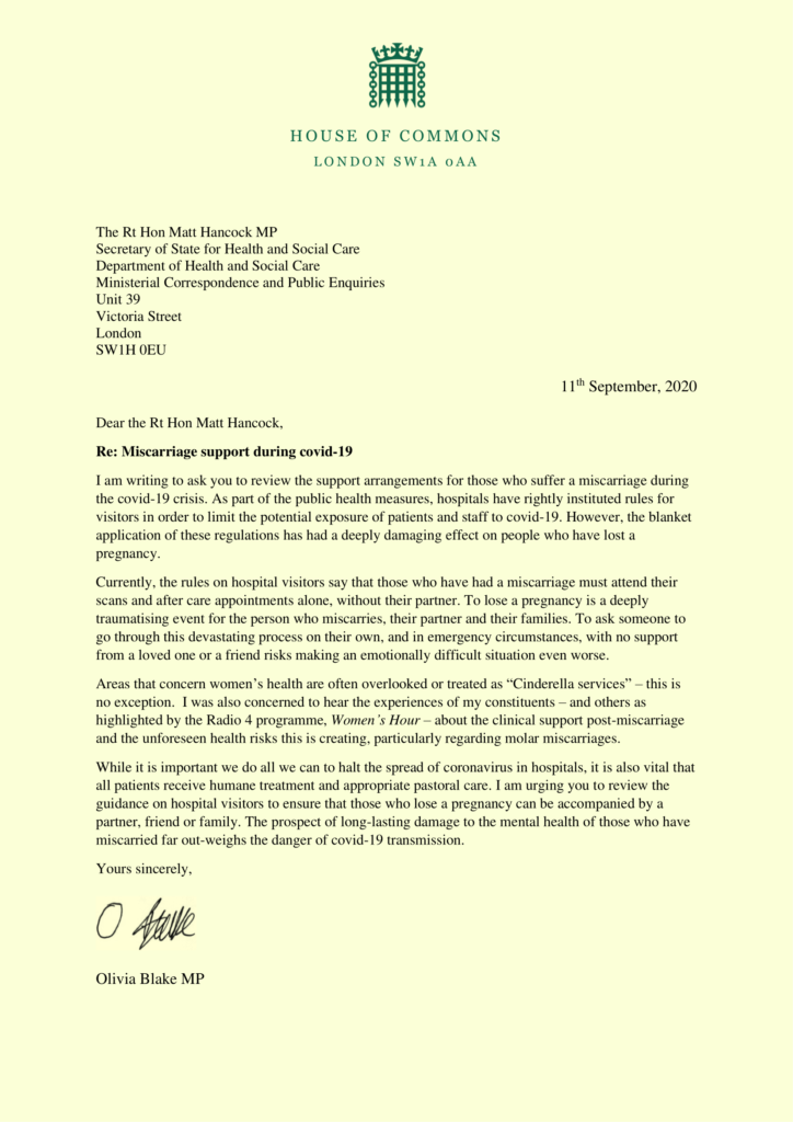 Letter to Matt Hancock about Miscarriage support during covid-19