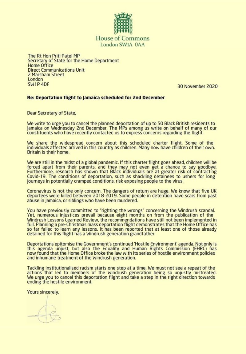 Letter to the Home Secretary urging her to halt the planned deportation of Black British residents to Jamaica.