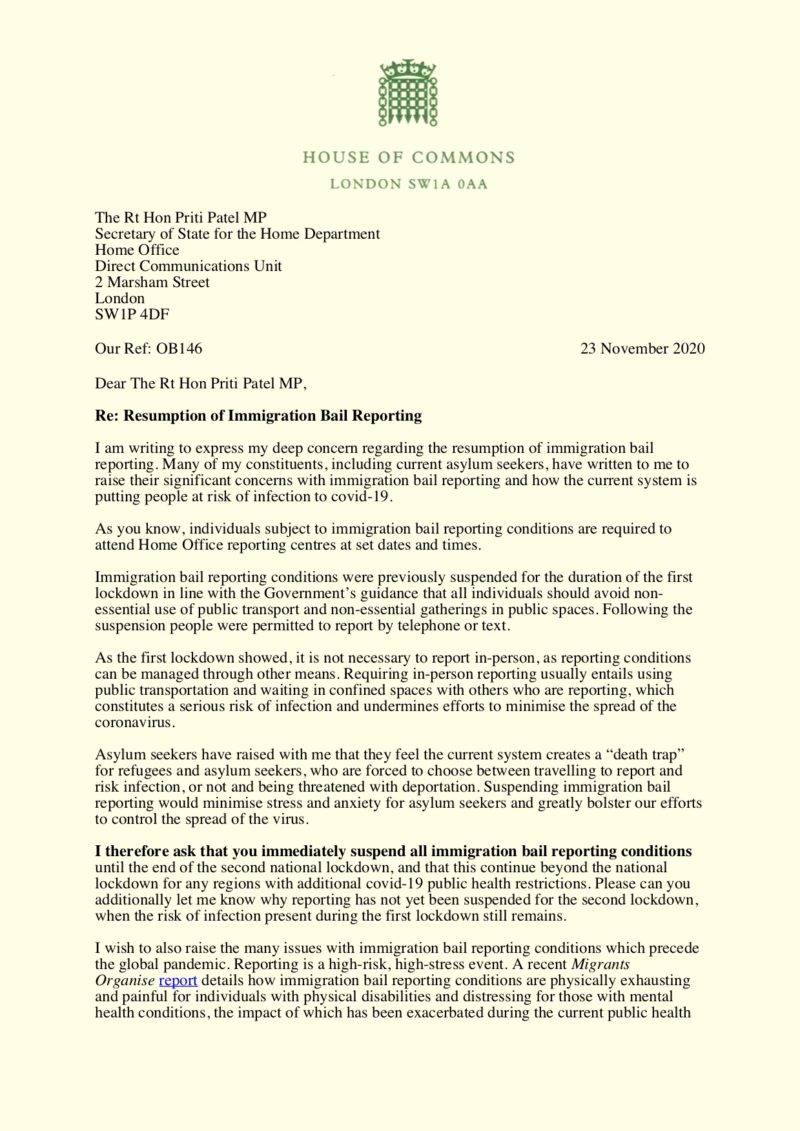 Letter from Olivia Blake MP to the Home Office 