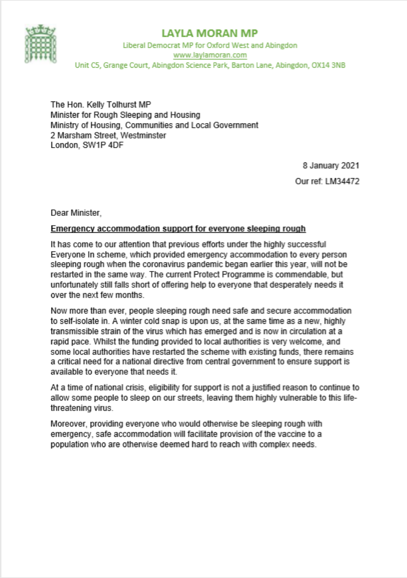 Olivia signs letter calling on the government to reinstate the Everyone In programme.