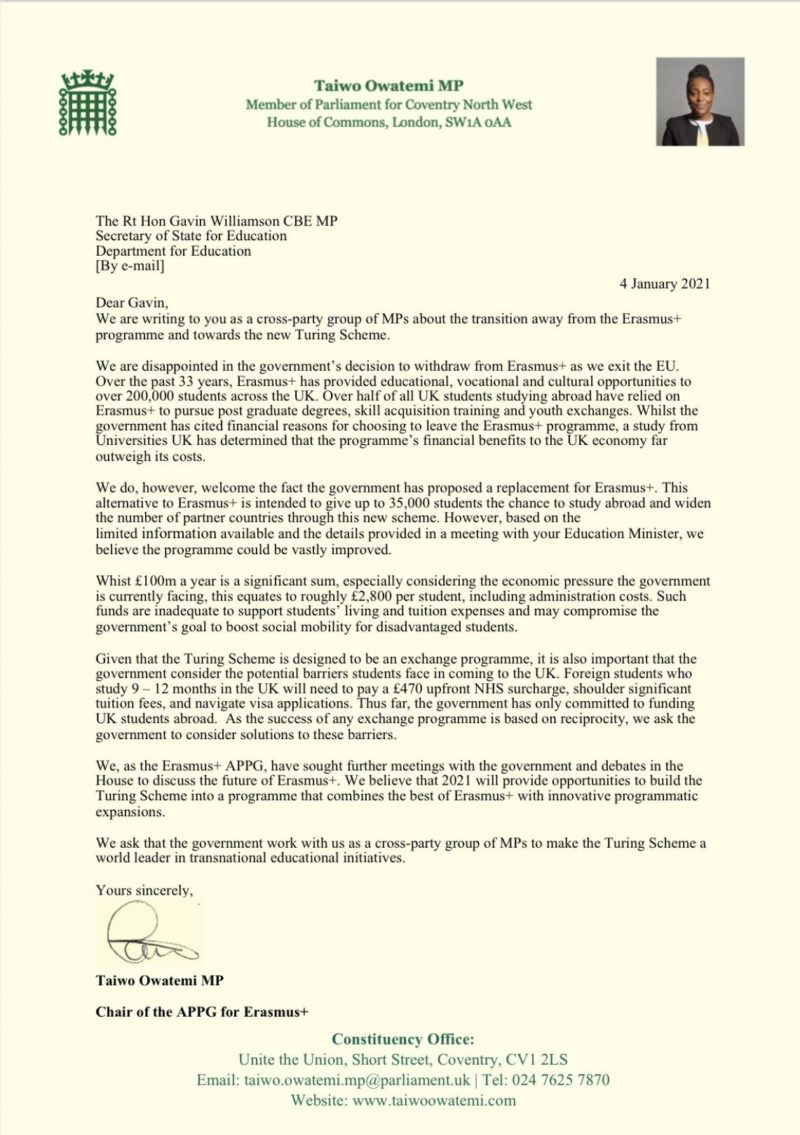 Taiwo Owatemi’s letter to the Education Secretary. 