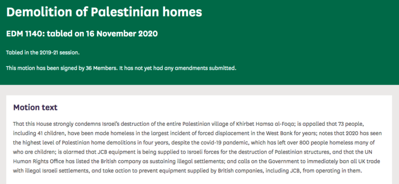 Olivia signs an Early Day Motion condemning the demolition of Palestinian homes.
