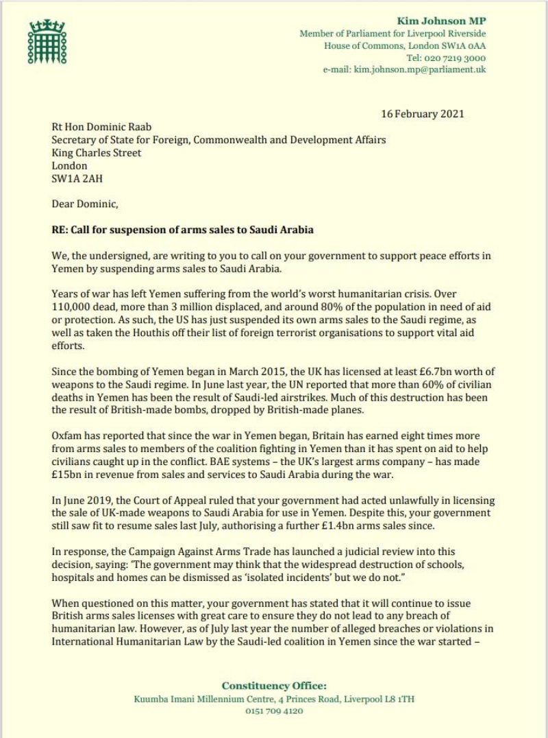 Olivia signs letter to Dominic Raab.