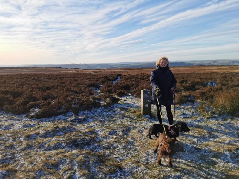 Olivia out walking her dogs Arthur and Willow.