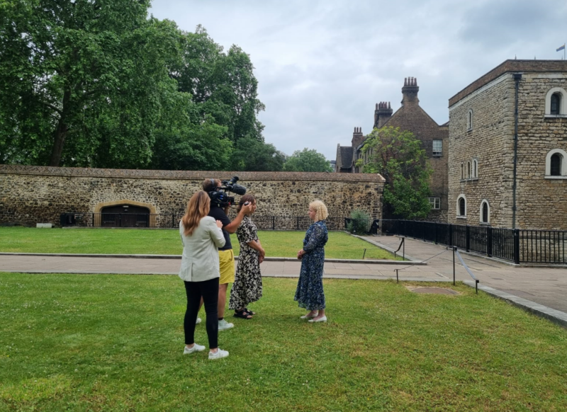 Olivia and Myleene filming outside Parliament.